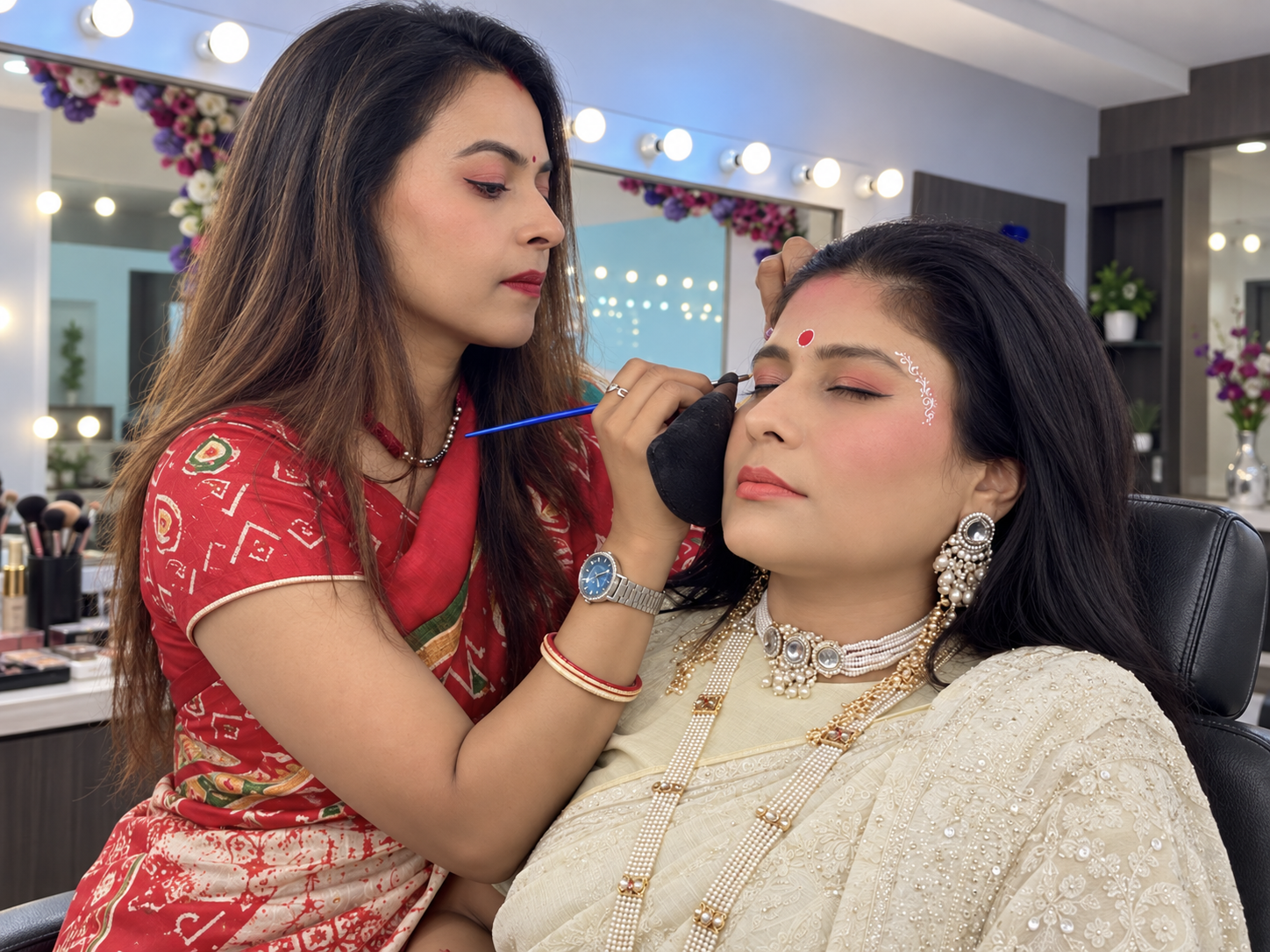 Ananya Mukherjee applying bridal eye makeup for a client in a cream saree