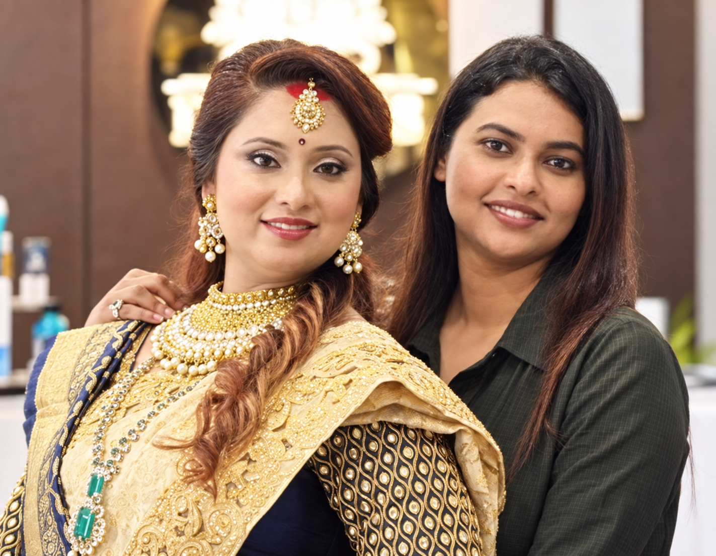 Ananya Mukherjee with a bride in gold jewellery and a navy-and-gold outfit