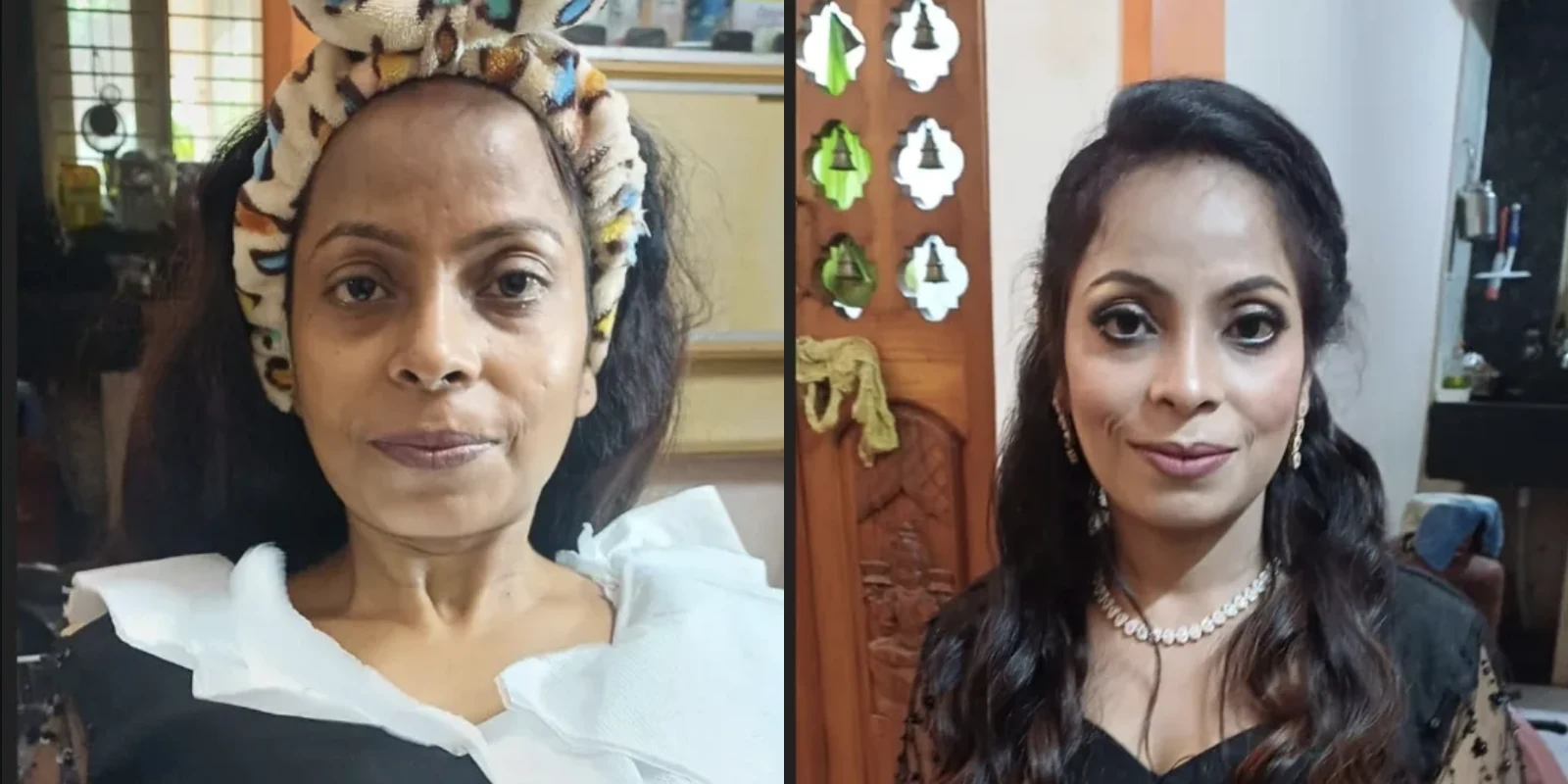 Before and after evening makeup transformation