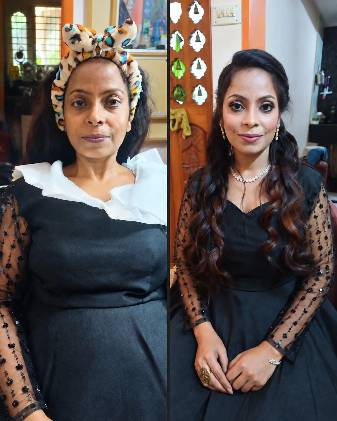 Before and after black evening makeup and hairstyling transformation