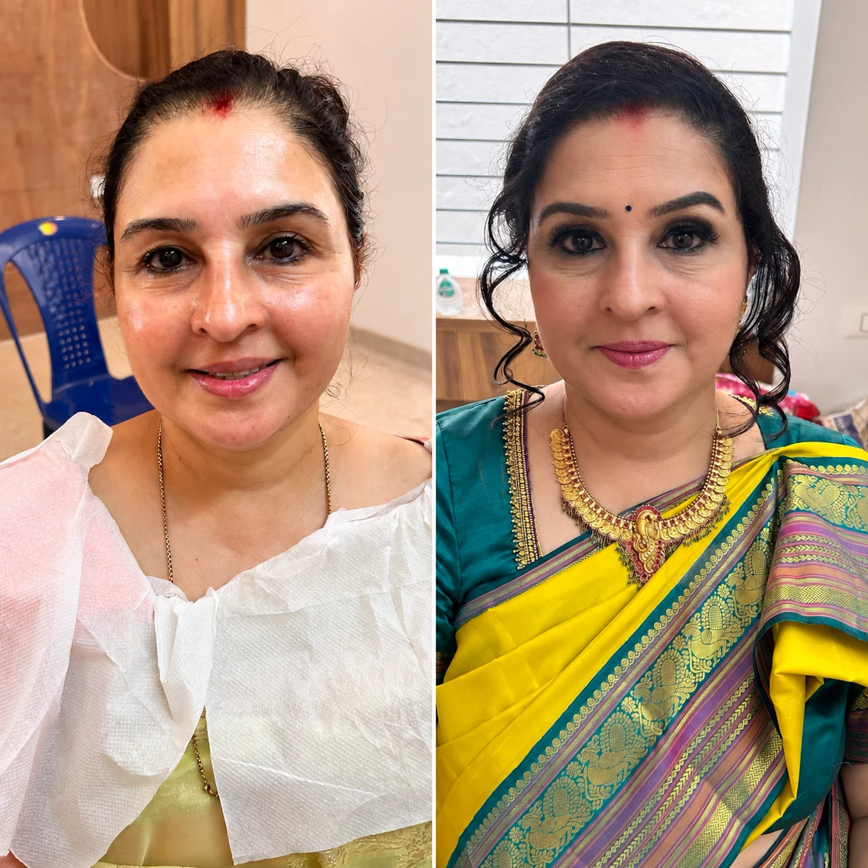 Before and after South Indian silk saree makeup transformation