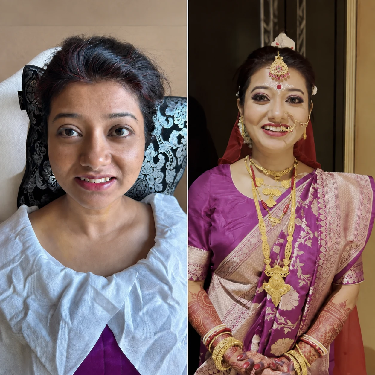 Before and after Bengali bridal makeup transformation with violet silk saree