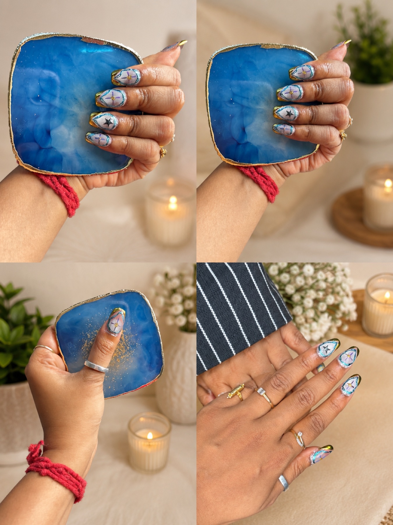 Blue gold and black celestial nail extensions