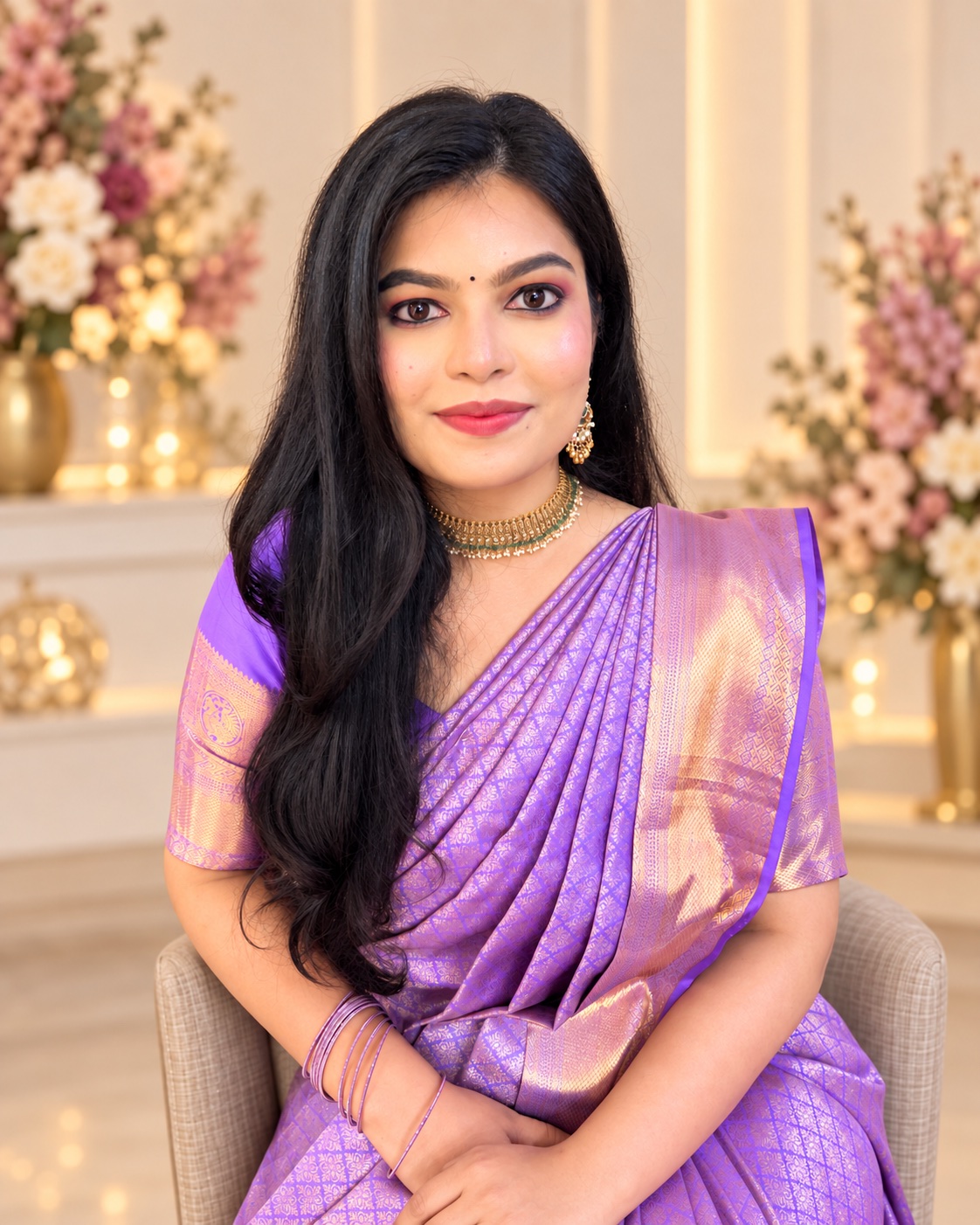 Soft-glam reception makeup with long curled hairstyle